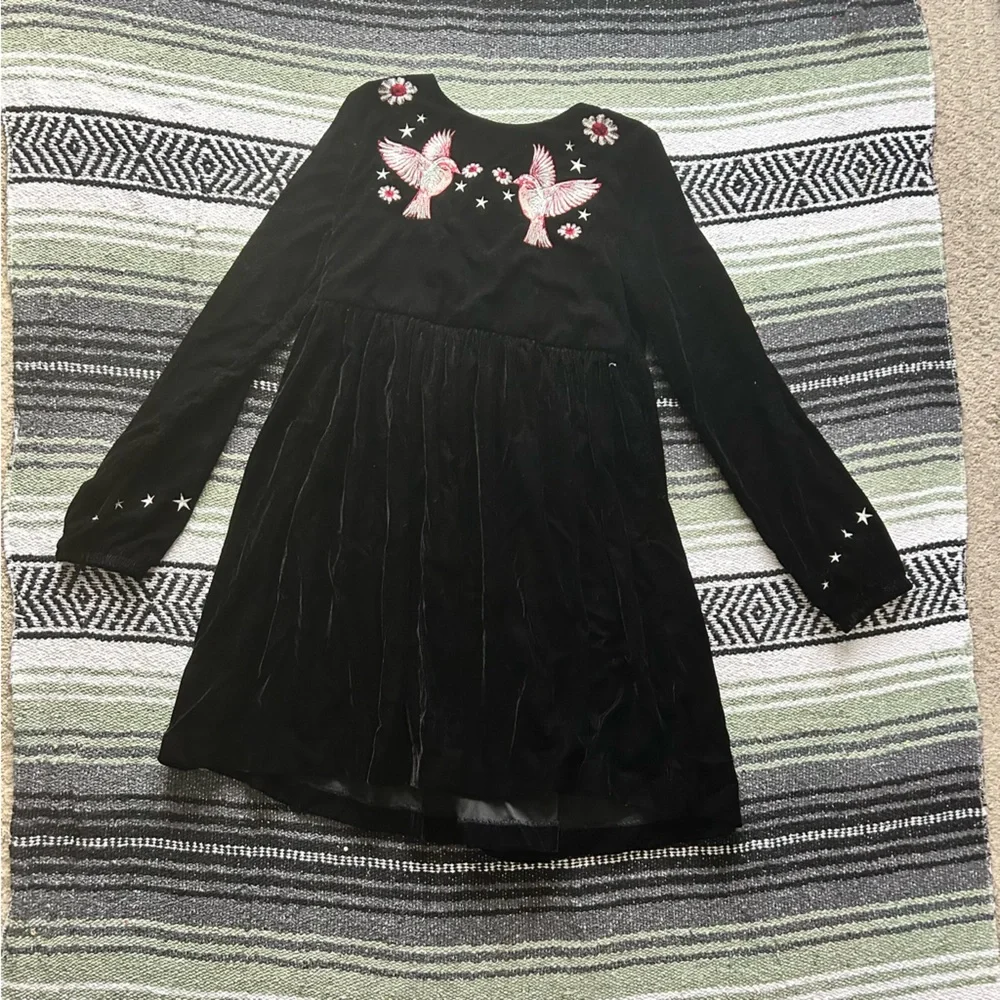 Stella McCartney kids black velvet bird & stars balloon sleeve mini dress